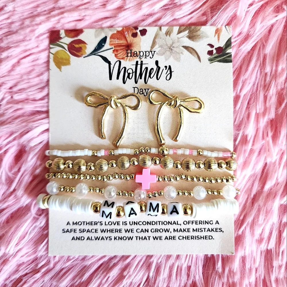 Bow Studs With Mama Beaded Layered Bracelet - Picture 1 of 1